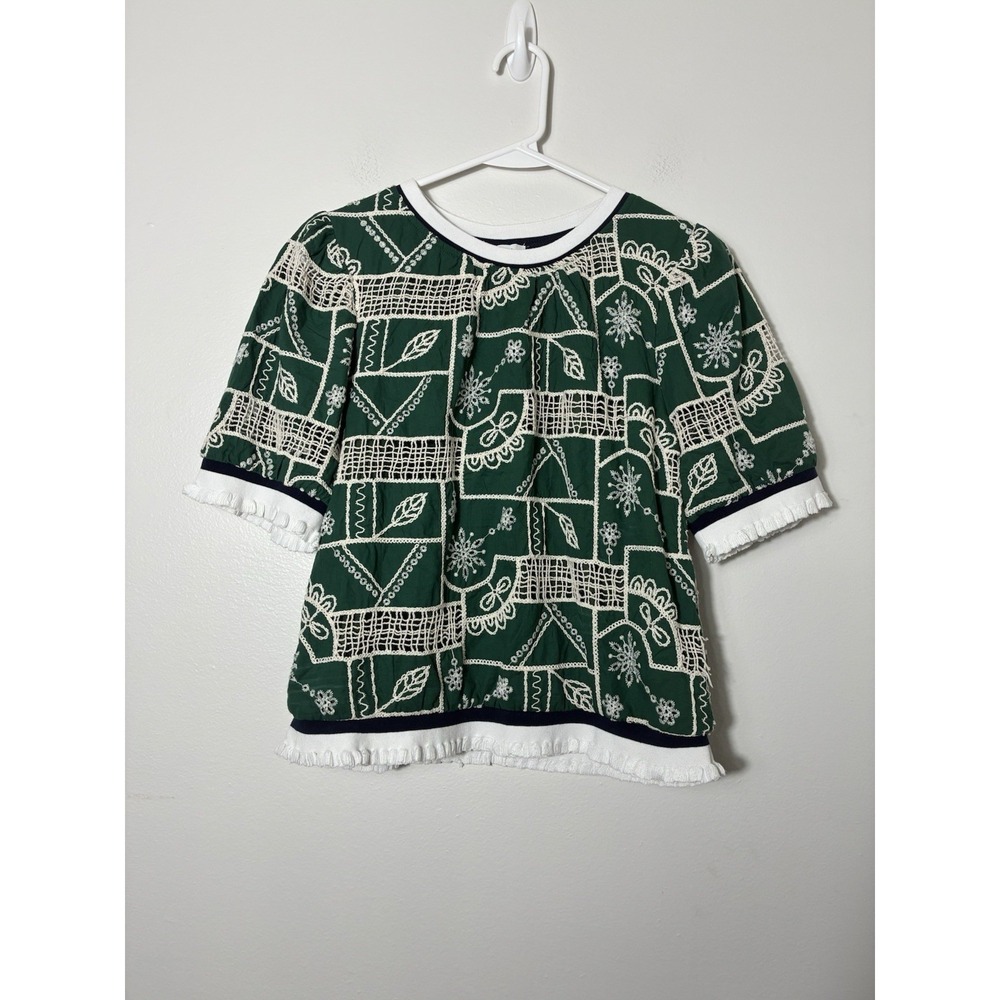 Voy Embroidered Blouse Women's M Green With White Trim Boho Coastal